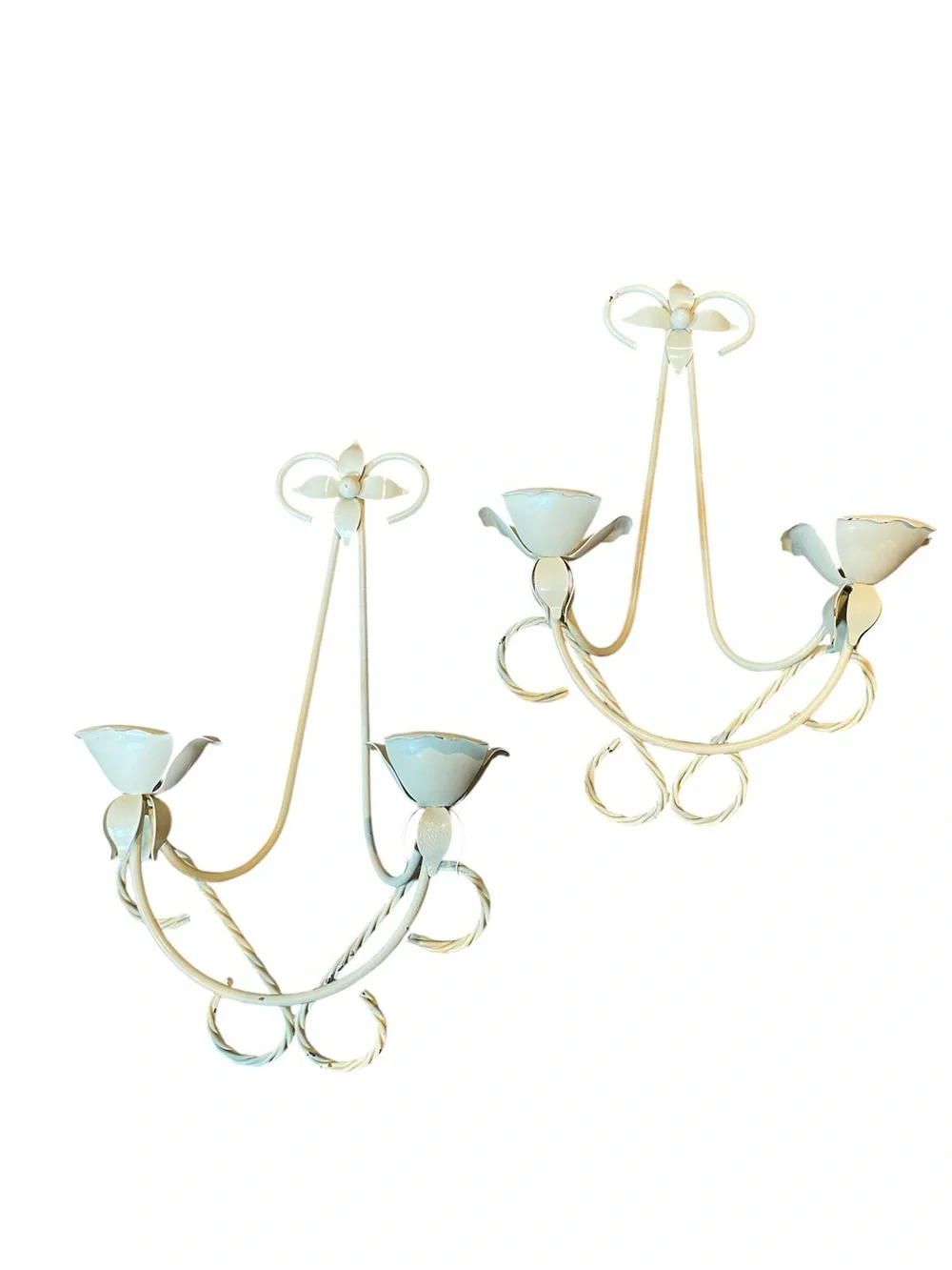 VINTAGE FLORAL METAL OFF WHITE  WALL SCONCES CANDLE HOLDERS
